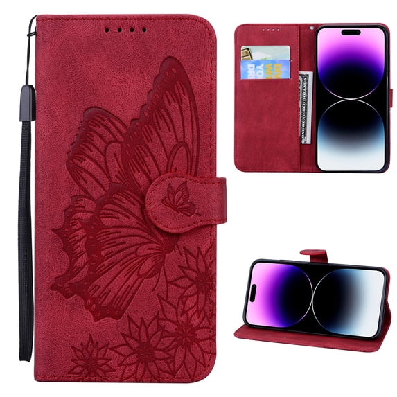 Wallet Case for iPhone 14 Pro, Vintage Design Embossed Butterfly Pattern PU Leather Book Style Shockproof Cover with Card Holder Stand Magnetic Clasp Case for iPhone 14 Pro, Red