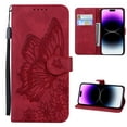 thumbnail image 1 of Wallet Case for iPhone 14 Pro, Vintage Design Embossed Butterfly Pattern PU Leather Book Style Shockproof Cover with Card Holder Stand Magnetic Clasp Case for iPhone 14 Pro, Red, 1 of 8