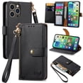 thumbnail image 1 of Wallet Case for iPhone 14 Pro Women Men, Durable PU Leather Magnetic Flip Lanyard Strap Wristlet Zipper Card Holder Kickstand Wallet Phone Case Cover Full Body Protection, Black, 1 of 10