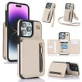 thumbnail image 1 of Wallet Case for iPhone 14 Pro with Wrist and Shoulder Strap, Card Holder Kickstand Feature Flip Zipper PU Leather RFID Blocking Magnetic Buckle Phone Cover for iPhone 14 Pro, Apricot, 1 of 8