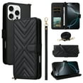 thumbnail image 1 of Wallet Case for iPhone 14 Pro with Wrist Strap, Crossbody Shoulder Strap, Card Slots Purse, Luxury PU Leather Kickstand Cell Phone Cover Maagnetic Closure for iPhone 14 Pro, Black, 1 of 10