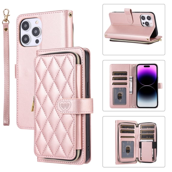 Wallet Case for iPhone 14 Pro Zipper Purse Cover, PU Leather Wrist Strap and Chain Strap Crossbody Case with Card Holder Shockproof Full Body Protection Phone Case for Women Girls, Rosegold
