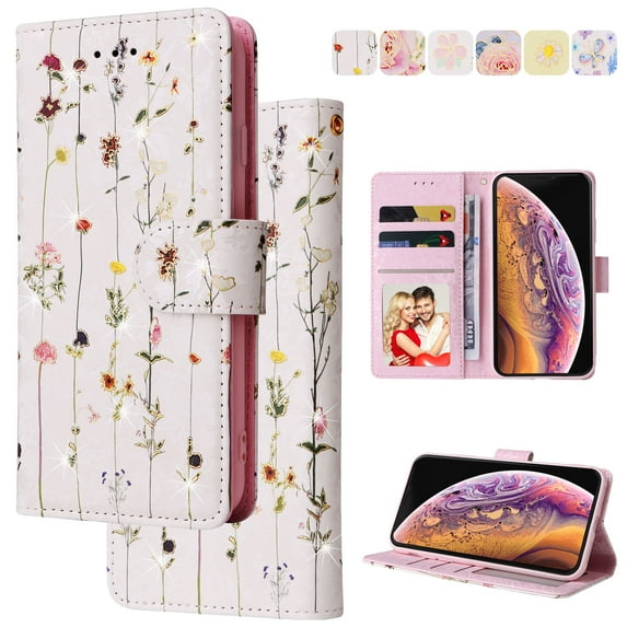 Wallet Case for iPhone 14 with RFID Blocking Credit Card Slots Holder, Cute Patterned Gold Brushing Magnetic Flip Kickstand Wrist Strap Cover For iPhone 14, Dry Flower World