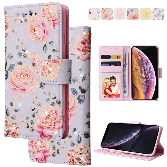 Wallet Case for iPhone 14 with RFID Blocking Credit Card Slots Holder, Cute Patterned Gold Brushing Magnetic Flip Kickstand Wrist Strap Cover For iPhone 14, Rural Rose