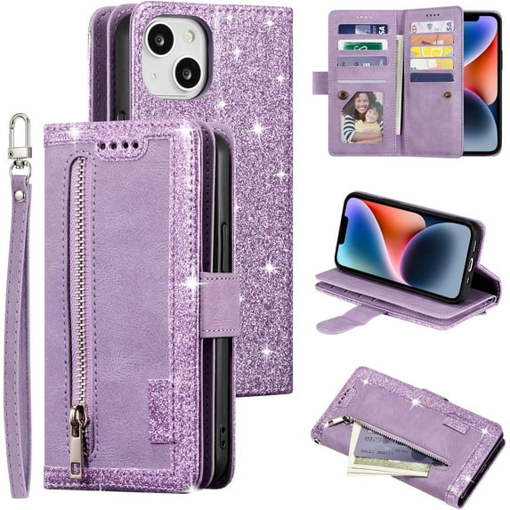 Wallet Case for iPhone 14, Retro Matte 9 Card Holder Slots Zipper Pocket Case PU Leather Magnetic Closure Kickstand with Wrist Strap Shockproof Folio Flip Case - Purple