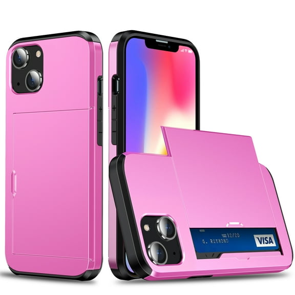 Wallet Case for iPhone 14, Rugged Case with Credit Card Holder Sliding Slot, Military Grade Shockproof Scratch Resistant Anti-Drop Phone Cover for iPhone 14, Pink