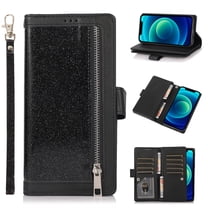 Wallet Case for iPhone 14 Shining Zipper Pocket Cover, Glitter Sparkle Luxury PU Leather Magnetic Flip Folio Case with Card Slots Kickstand Wrist Hand Strip Shockproof Case, Black