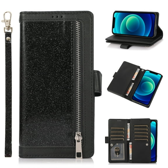 Wallet Case for iPhone 14 Shining Zipper Pocket Cover, Glitter Sparkle Luxury PU Leather Magnetic Flip Folio Case with Card Slots Kickstand Wrist Hand Strip Shockproof Case, Black