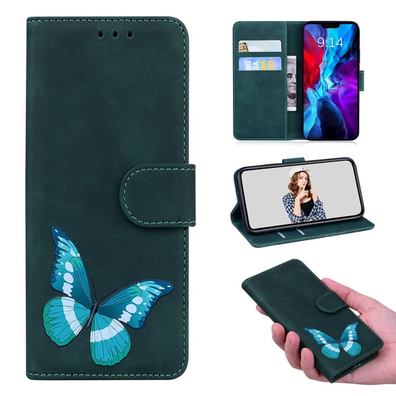 Wallet Case for iPhone 14, Shockproof TPU Inner Case with RFID Blocking Credit Card Holders, PU Leather Folding Book Flip Magnetic Phone Cover for iPhone 14 - Green
