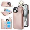 thumbnail image 1 of Wallet Case for iPhone 14 with Shoulder Strap & RFID Blocking Card Slots Holder Kickstand & Finger Ring, Magnetic Flip Folio Zipper Purse Case, PU Leather Cover Handbag, Rosegold, 1 of 8