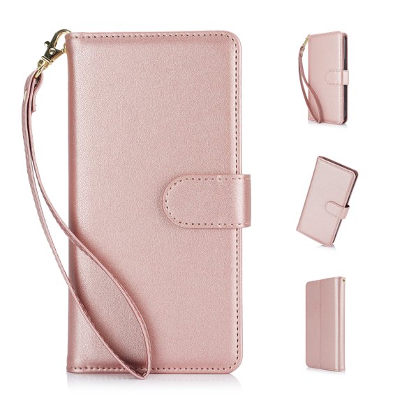 Wallet Case for iPhone 14, [TPU Shockproof Interior Case] Kickstand [RFID Blocking] Card Slot, Magnetic PU Leather Folio Cover Compatible,With strap,Flip Cover with Card Holder,Rosegold