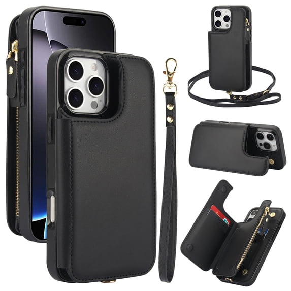 Wallet Case for iPhone 14, with Wrist and Shoulder Strap Kickstand Flip PU Leather 6 Card Slots Zipper Pocket Shockproof Protective Phone Case Cover for iPhone 14, Black