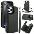 thumbnail image 1 of Wallet Case for iPhone 14, with Wrist and Shoulder Strap Kickstand Flip PU Leather 6 Card Slots Zipper Pocket Shockproof Protective Phone Case Cover for iPhone 14, Black, 1 of 8