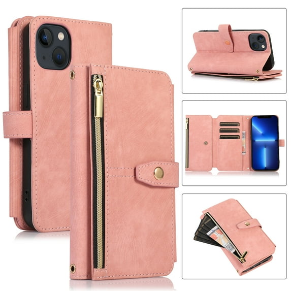 Wallet Case for iPhone 14 with Zipper Pouch,Magnetic PU Leather Flip Folio Stand Card Slot with Hand Strap and Cross Body Strap Case Cover for iPhone 14, Pink