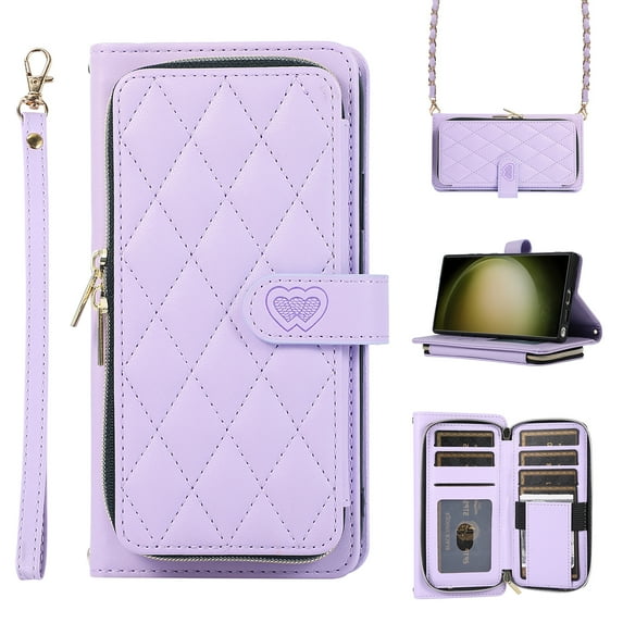 Wallet Case for iPhone 14 Zipper Purse Cover, PU Leather Wrist Strap and Chain Strap Crossbody Case with Card Holder Shockproof Full Body Protection Phone Case for Women Girls, Purple