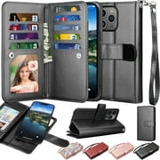 Wallet Case for iPhone 15,15 Pro,15 Plus,15 Pro Max,iPhone 15 6.1" 5G Case Magnetic Detachable with 9 Card Holder for Women Men,Luxury Leather Wristlet Strap Carrying Folio Flip Cover, Black