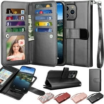 Wallet Case for iPhone 15,15 Pro,15 Plus,15 Pro Max,iPhone 15 Pro 6.1" 5G Case Magnetic Detachable with 9 Card Holder for Women Men,Luxury Leather Wristlet Strap Carrying Folio Flip Cover, Black