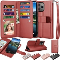 Wallet Case for iPhone 15,15 Pro,15 Plus,15 Pro Max,iPhone 15 6.1" 5G Case Magnetic Detachable with 9 Card Holder for Women Men,Luxury Leather Wristlet Strap Carrying Folio Flip Cover, Wine