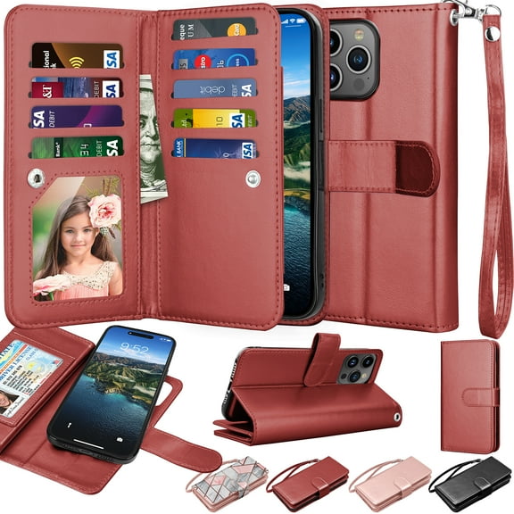 Njjex Wallet Case for 15 Pro Max 6.7" 2023, for 15 Pro Max Case, [9 Card Slots] PU Leather ID Credit Holder Folio Flip [Detachable] Kickstand Phone Cover & Lanyard [ Red]