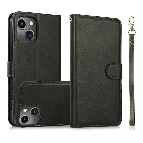 Wallet Case for iPhone 15, 2 In1 PU Leather Flip Phone Case with Detachable Magnetic TPU Inner, Kickstand Phone Cover with Card Slots & Wrist Strap for iPhone 15, Black