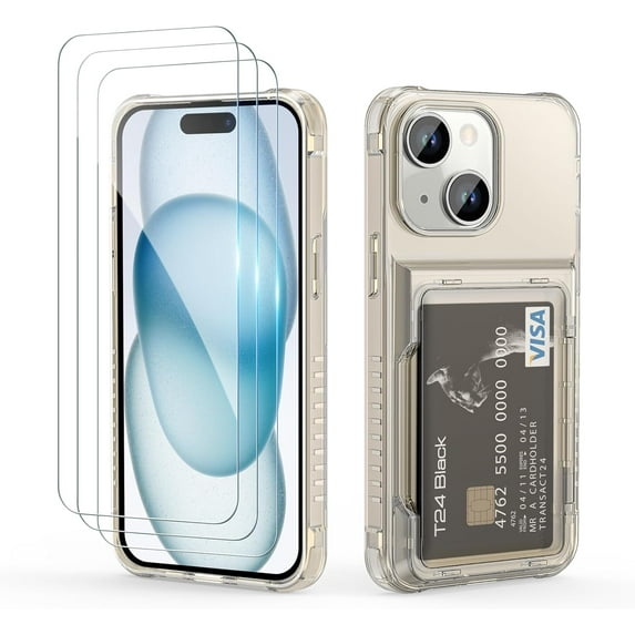 Wallet Case for iPhone 15 with 3PCS Screen Protectors, Clear Heavy Duty Shockproof Wallet Card Holder, Hidden Flip Card Slot Protective Hard Back Cover Case for iPhone 15, 6.1 Inch Clear Black