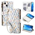 thumbnail image 1 of Wallet Case For iPhone 15 6.1-inch, Flower Pattern Flip Zipper Purse Leather Cover With Card Holder, Detachable Wristlet & Shoulder Strap, Shockproof ,Kickstand Phone Case For Women,Blue, 1 of 9