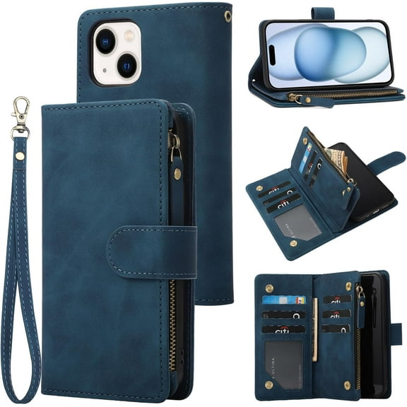 Wallet Case for iPhone 15 (6.1 inch) with RFID Blocking Credit Card Holder, Premium PU Leather [Zipper Pocket] Flip Folio Case Wallet with Wrist Strap Kickstand Protective Case (Blue)