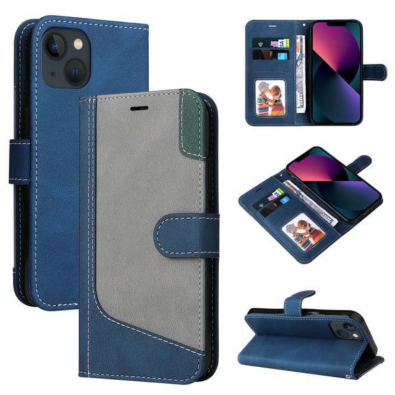 Wallet Case for iPhone 15, Buisiness Luxury PU Leather Credit Card Slots Holder Kickstand Magnetic Clasp Phone Cover with Silicone Inner Shockproof Drop Resistant Case, Blue