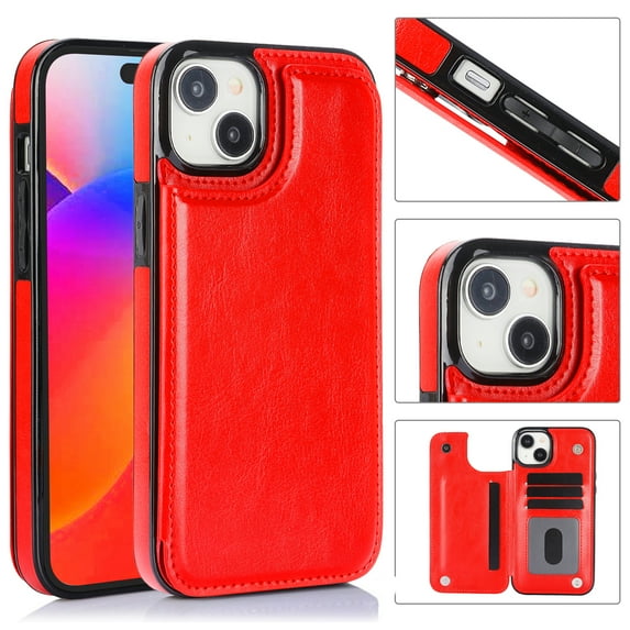 Wallet Case for iPhone 15 with Card Holder, Back Folio Flip Premium PU Leather Kickstand Card Slots Case, Double Strong Magnetic Clasp Durable Shockproof Phone Case for iPhone 15,Red