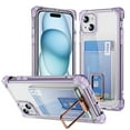 thumbnail image 1 of Wallet Case for iPhone 15, with Card Holder Slot Built-in Kickstand Shockproof Slim Hard Back Cover Soft TPU Bumper Translucent Clear for iPhone 15, Purple, 1 of 8