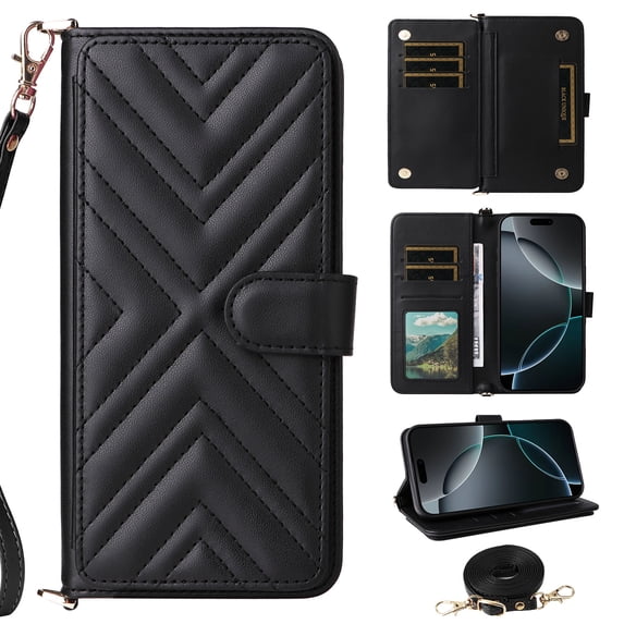 Wallet Case for iPhone 15 with Card Holder/Wrist Strap/Crossbody Strap/Magnetic Snap/Kickstand PU Leather Shockproof Full Body Protective Rugged Phone Cover iPhone 15, Black