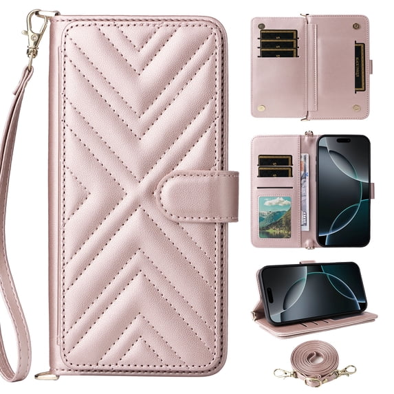 Wallet Case for iPhone 15 with Card Holder/Wrist Strap/Crossbody Strap/Magnetic Snap/Kickstand PU Leather Shockproof Full Body Protective Rugged Phone Cover iPhone 15, Pink