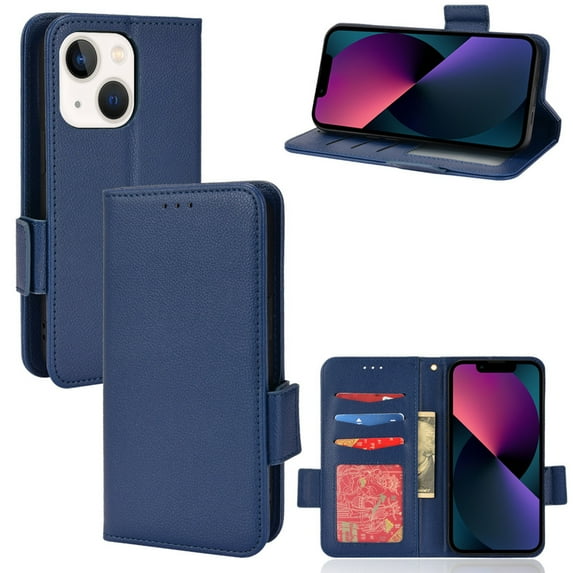 Wallet Case for iPhone 15 Card Slots Holder Kickstand Flip Case, Lychee Pattern PU Leather Shockproof Cover with Magnetic Clasp Drop Resistant Phone Case, Darkblue