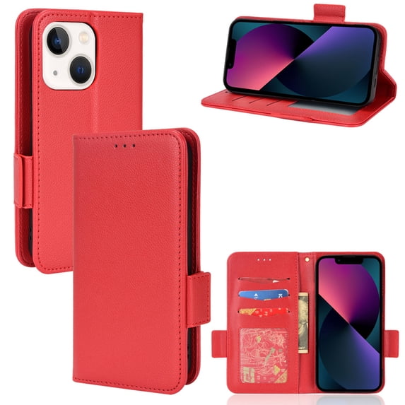 Wallet Case for iPhone 15 Card Slots Holder Kickstand Flip Case, Lychee Pattern PU Leather Shockproof Cover with Magnetic Clasp Drop Resistant Phone Case, Red