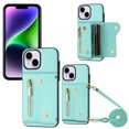 thumbnail image 1 of Wallet Case for iPhone 15, Classic Lychee Texture PU Leather Purse Case with Accordion Card Slots, Protective Crossbody Flip Cover with Zipper Shoulder Strap Lanyard for iPhone 15, Cyan, 1 of 8