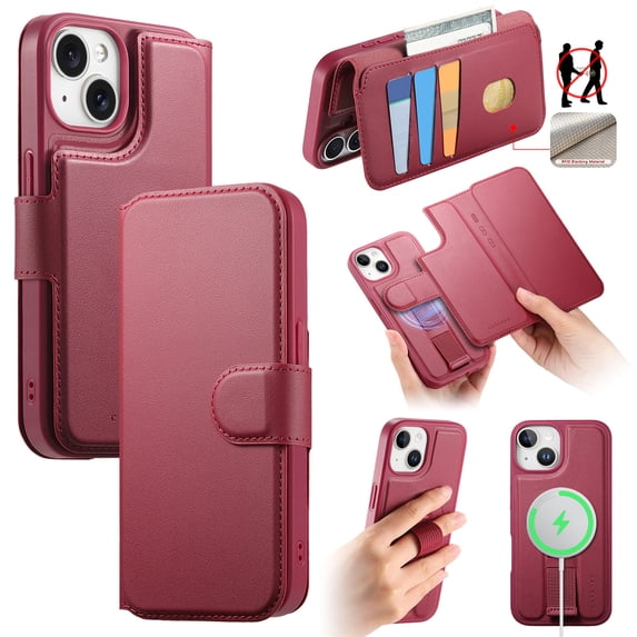 Wallet Case for iPhone 15 Compatible with Mag-Safe, 2-in-1 PU Leather Flip Cover with RFID Blocking Card Holder Stand Shockproof Detachable Magnetic Case for iPhone 15, Red