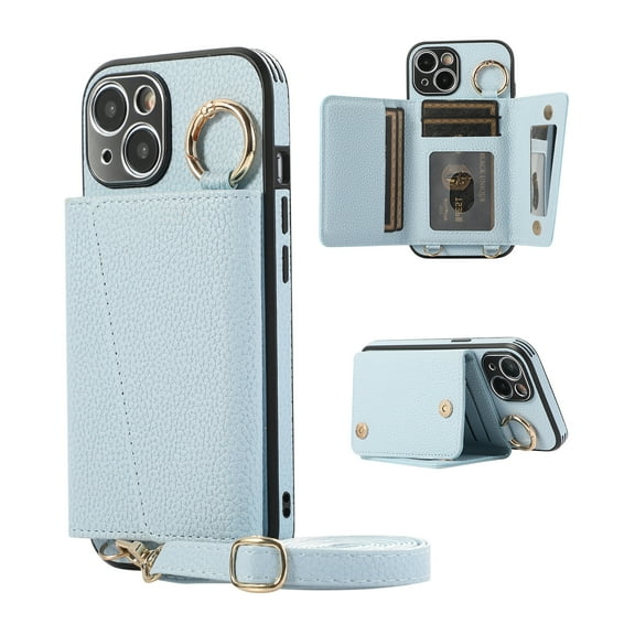 Wallet Case for iPhone 15 Crossbody with Lanyard, PU Leather Folio Purse Cover with Card Holder, Case with Lens Protective Film, Shockproof Ring Buckle Case for iPhone 15, Blue
