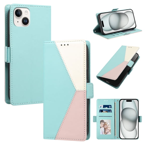 Wallet Case For iPhone 15, Crossbody Strap & Wrist Lanyard PU Leather Magnetic Flip Kickstand Splice Cover [RFID Blocking] Card Holder Slot Shockproof Case, Light Green