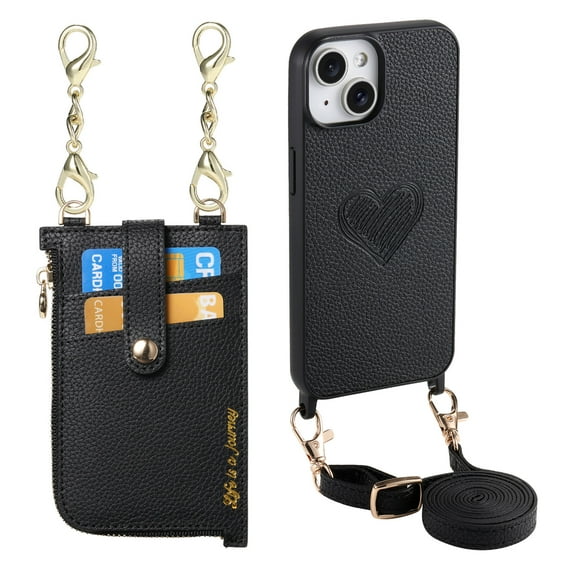 Wallet Case for iPhone 15 with Detachable Card Holder, PU Leather Shoulder Strap Chain Crossbody Phone Cover, Card Slots Heart Pattern Zipper Purse Case with Lanyard for iPhone 15, Black