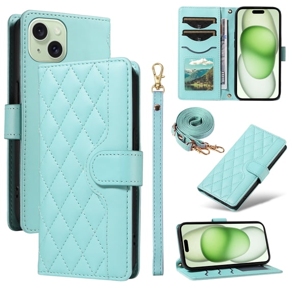 Wallet Case for iPhone 15 with Detachable Wrist Strap & Shoulder Strap, Card Slots Folio Purse Luxury PU Leather Stand Accessories Cell Phone Cover for iPhone 15 Women Men, Green