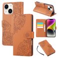 thumbnail image 1 of Wallet Case for iPhone 15, Elegant PU Leather Phone Case with Card Slots, Kickstand Flip, Wrist Hand Strap, Magnetic Closure Flower Pattern Folio Cover for iPhone 15, Brown, 1 of 11