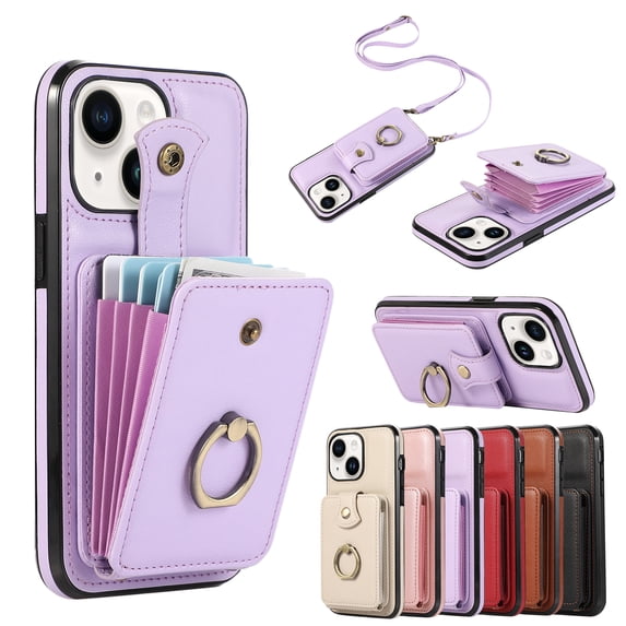 Wallet Case for iPhone 15, Kickstand Ring Holder Premium PU Leather Case with Crossbody Strap,Card Holder Slot Money Pocket 360°Rotation Metal Ring Grip Kickstand Cover,Purple