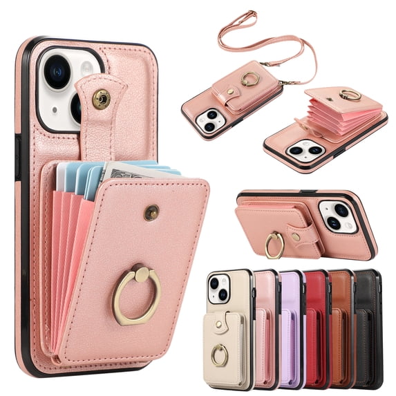 Wallet Case for iPhone 15, Kickstand Ring Holder Premium PU Leather Case with Crossbody Strap,Card Holder Slot Money Pocket 360°Rotation Metal Ring Grip Kickstand Cover,Rosegold