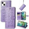 thumbnail image 1 of Wallet Case for iPhone 15, Lovely Cute Animal Embossed Pattern Cartoon PU Leather Flip Cover with Card Slots Cash Holder Kickstand Magnetic Clasp Shockproof Case, Purple, 1 of 6