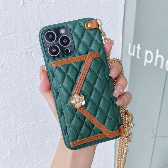 Wallet Case for iPhone 15, Luxury Fashion Flower Design Purse PU Leather Cover with Card Slots Crossbody Metal Chain Shoulder Strap Case for iPhone 15 Women Girls, Green