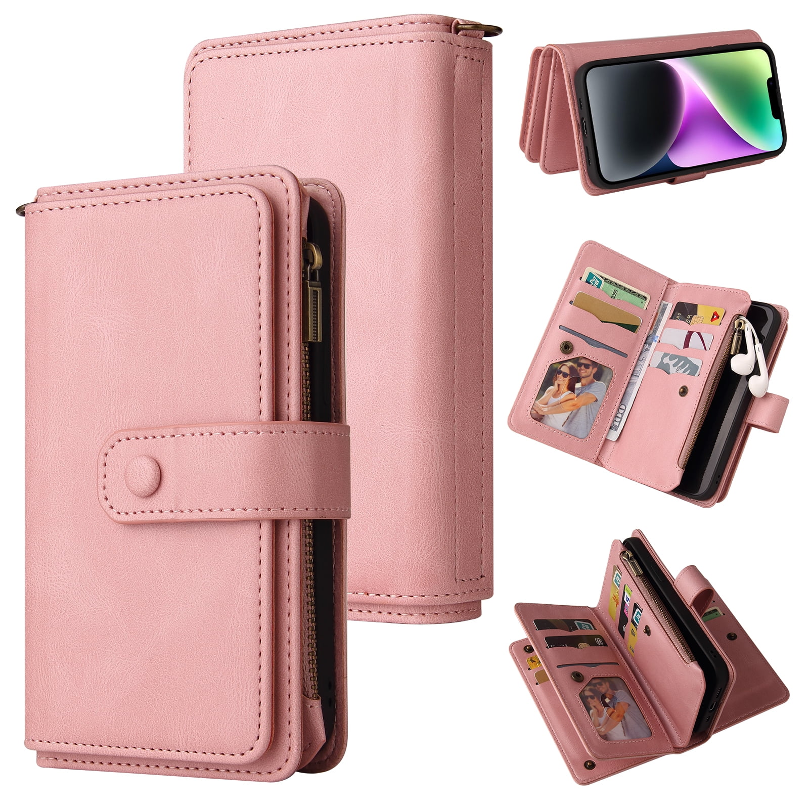 Wallet Case for iPhone 15, Magnetic Zipper Pouch Premium PU Leather with Kickstand Wallet Flip Shockproof Phone Case Wrist Strap Card Slots Holder Pocket iPhone 15,
Pink