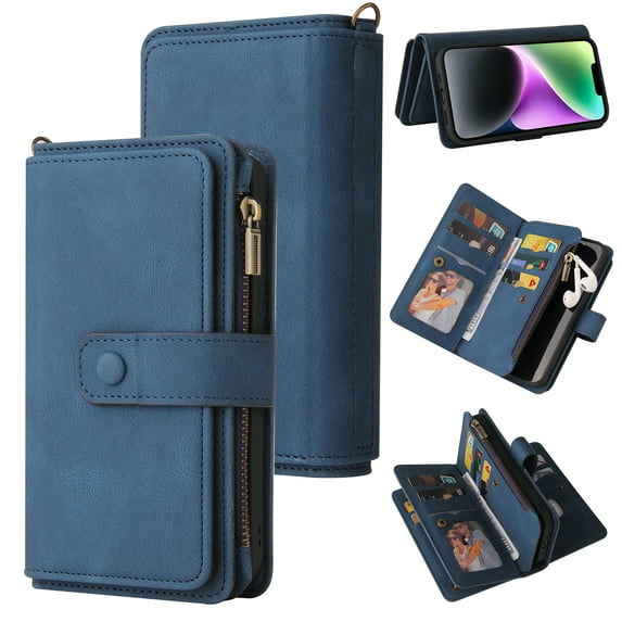 Wallet Case for iPhone 15, Magnetic Zipper Pouch Premium PU Leather with Kickstand Wallet Flip Shockproof Phone Case Wrist Strap Card Slots Holder Pocket iPhone 15,
Blue