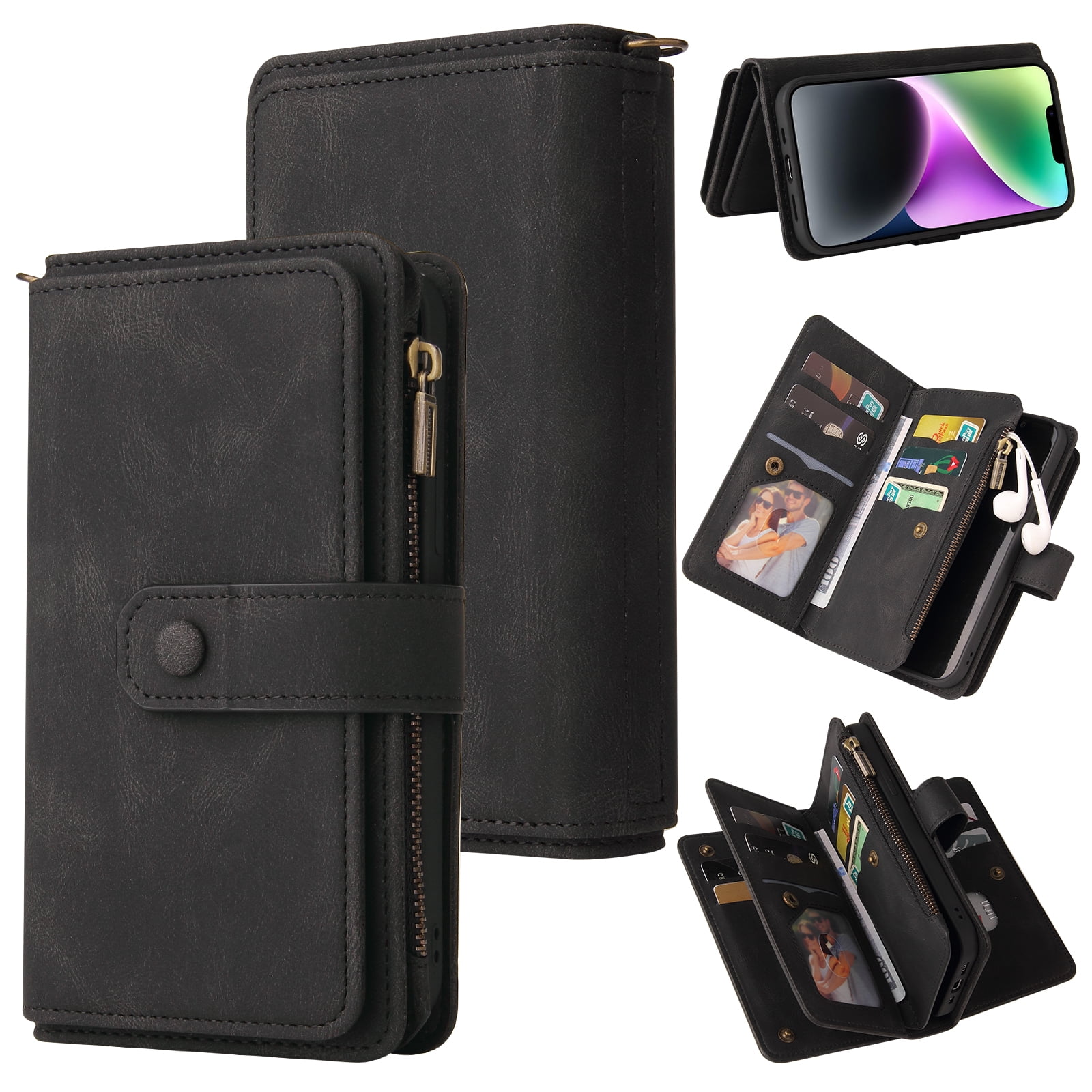 Wallet Case for iPhone 15, Magnetic Zipper Pouch Premium PU Leather with Kickstand Wallet Flip Shockproof Phone Case Wrist Strap Card Slots Holder Pocket iPhone 15,
Black