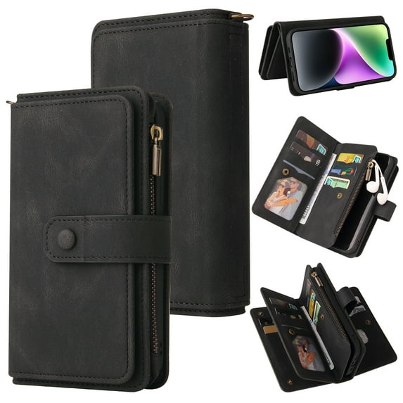 Wallet Case for iPhone 15, Magnetic Zipper Pouch Premium PU Leather with Kickstand Wallet Flip Shockproof Phone Case Wrist Strap Card Slots Holder Pocket iPhone 15,
Black