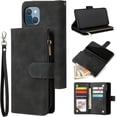thumbnail image 1 of Wallet Case for iPhone 15 Plus 6.7 inch, Premium Vintage PU Leather Magnetic Closure Handbag Zipper Pocket Case Kickstand Card Holder Slots with Wrist Strap TPU Shockproof Flip Cover - Black, 1 of 14
